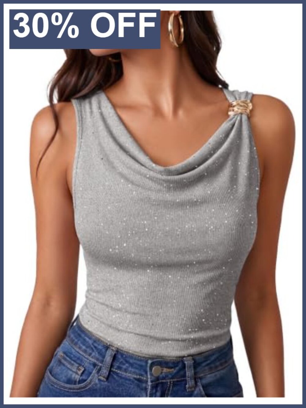 Sparkly Cowl Neck Asymmetrical Tank Top Glitter Sleeveless Party Shirt